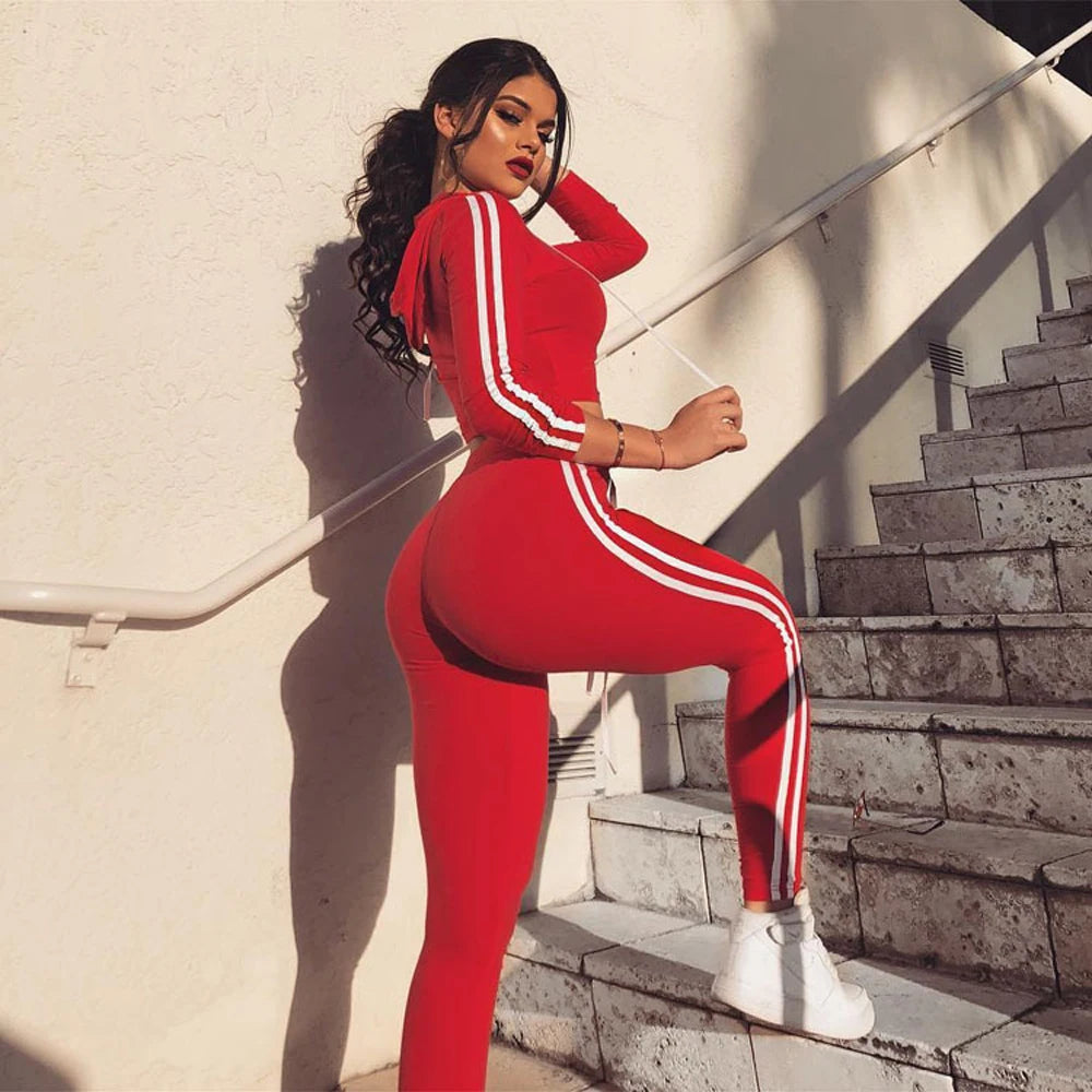Tracksuit Set Woman Fitness Casual 2 Piece Sets Side Striped Hooded Crop Tops and Pants Jogger Stretchy Two Piece Outfit Chandal