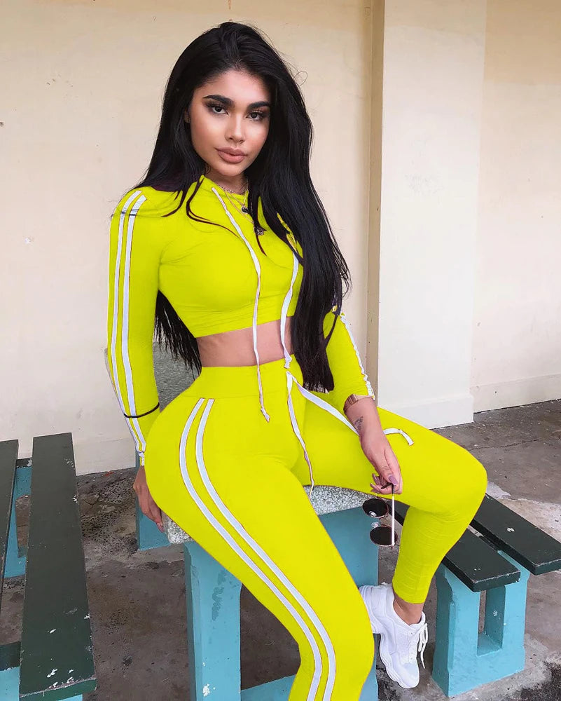 Tracksuit Set Woman Fitness Casual 2 Piece Sets Side Striped Hooded Crop Tops and Pants Jogger Stretchy Two Piece Outfit Chandal