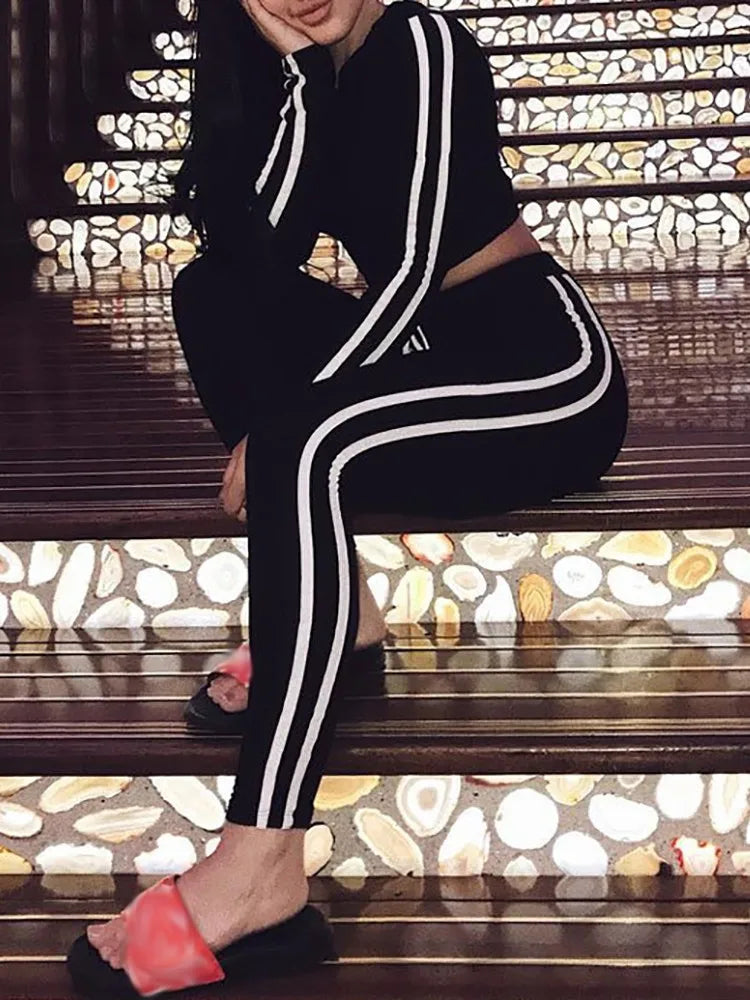 Tracksuit Set Woman Fitness Casual 2 Piece Sets Side Striped Hooded Crop Tops and Pants Jogger Stretchy Two Piece Outfit Chandal