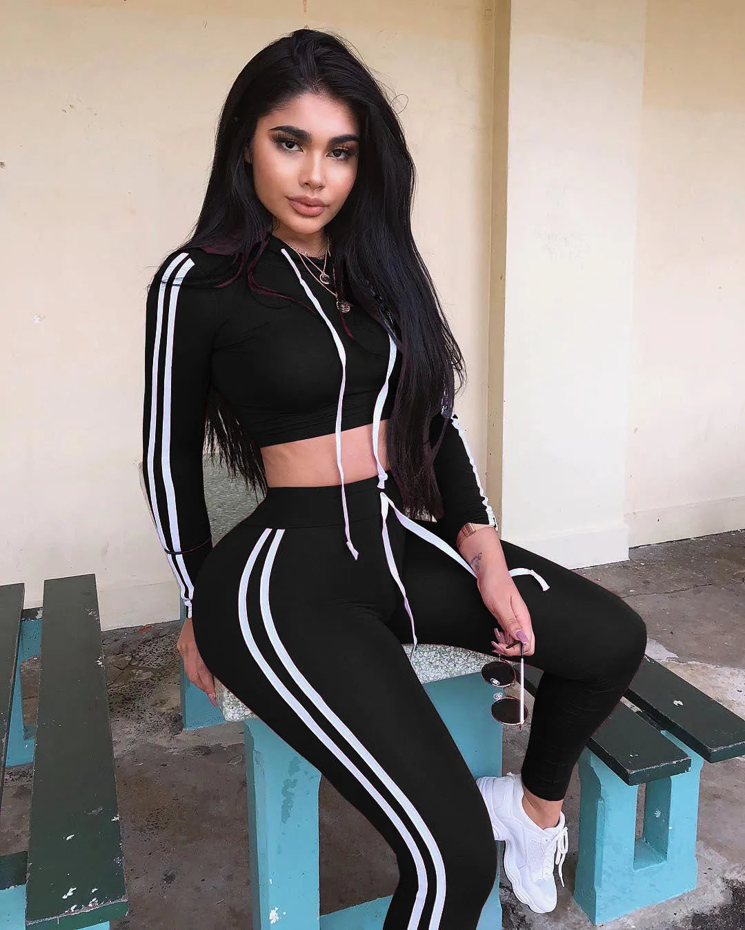 Tracksuit Set Woman Fitness Casual 2 Piece Sets Side Striped Hooded Crop Tops and Pants Jogger Stretchy Two Piece Outfit Chandal