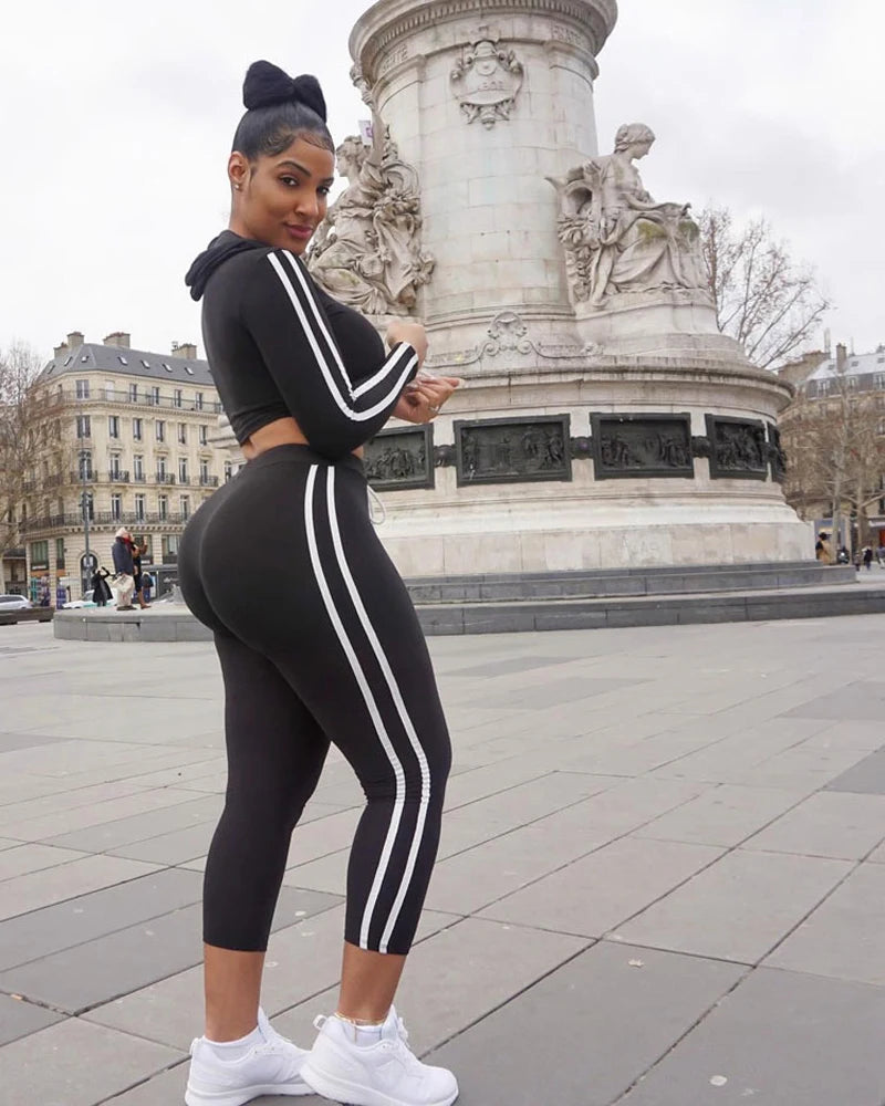 Tracksuit Set Woman Fitness Casual 2 Piece Sets Side Striped Hooded Crop Tops and Pants Jogger Stretchy Two Piece Outfit Chandal