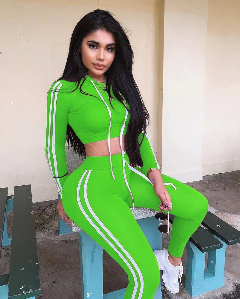 Tracksuit Set Woman Fitness Casual 2 Piece Sets Side Striped Hooded Crop Tops and Pants Jogger Stretchy Two Piece Outfit Chandal
