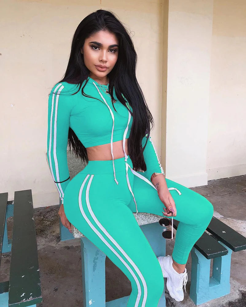 Tracksuit Set Woman Fitness Casual 2 Piece Sets Side Striped Hooded Crop Tops and Pants Jogger Stretchy Two Piece Outfit Chandal