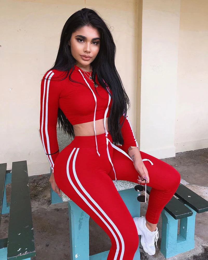 Tracksuit Set Woman Fitness Casual 2 Piece Sets Side Striped Hooded Crop Tops and Pants Jogger Stretchy Two Piece Outfit Chandal