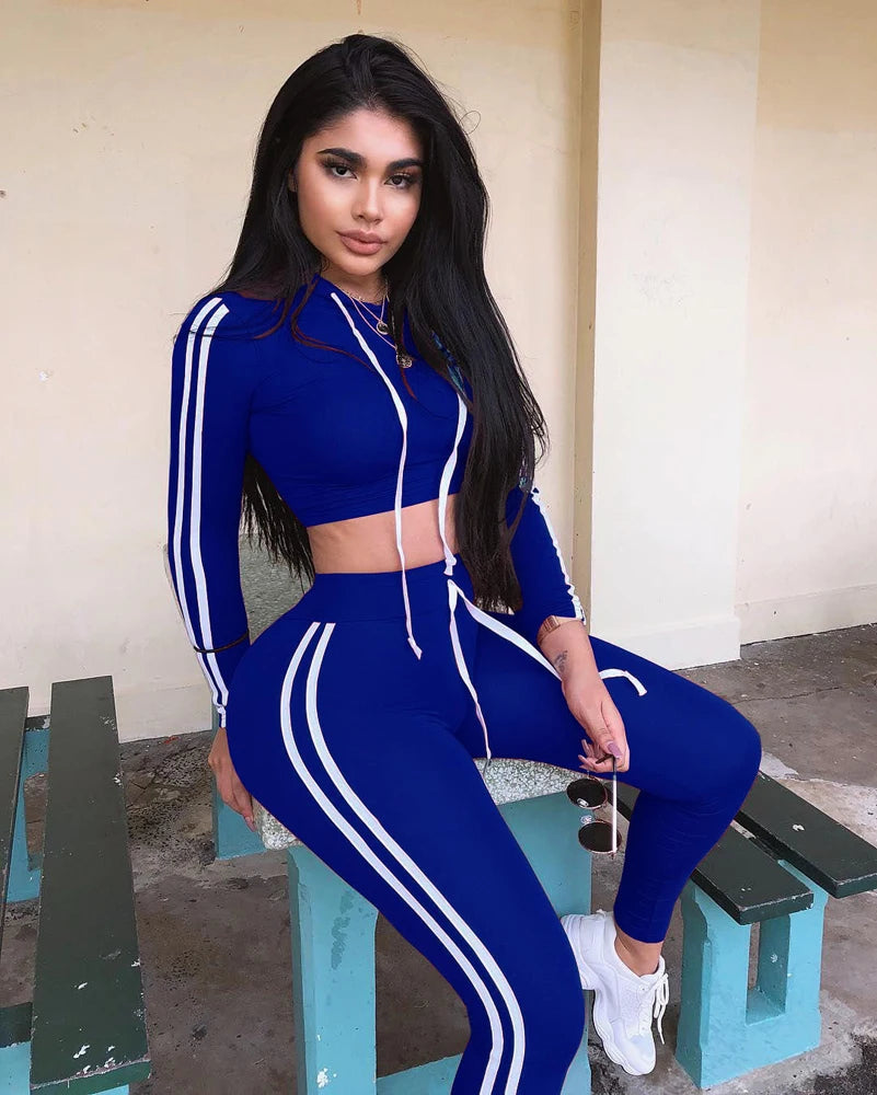 Tracksuit Set Woman Fitness Casual 2 Piece Sets Side Striped Hooded Crop Tops and Pants Jogger Stretchy Two Piece Outfit Chandal