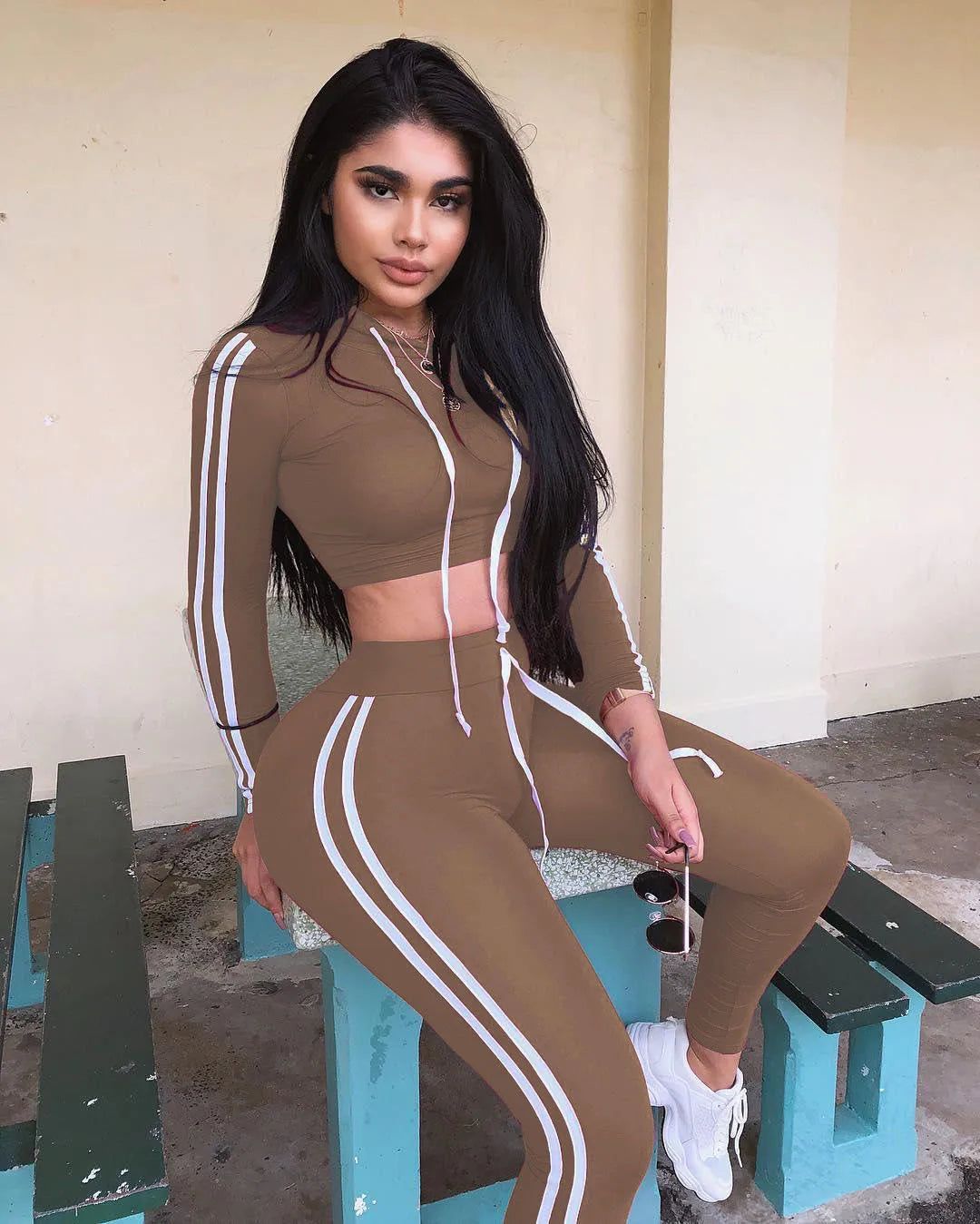 Tracksuit Set Woman Fitness Casual 2 Piece Sets Side Striped Hooded Crop Tops and Pants Jogger Stretchy Two Piece Outfit Chandal